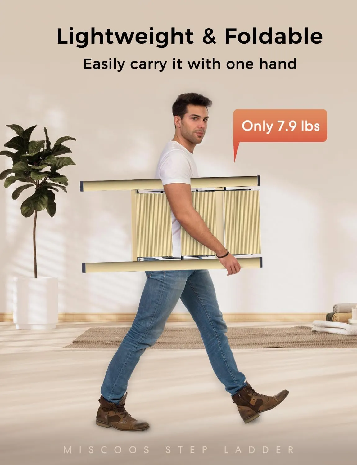 3 Step Ladder, Lightweight Portable Folding Step Stool with Anti-Slip Sturdy and Wide Pedal, 330lb Capacity, Perfect Multi-Use Aluminum Stepladder for Home Kitchen Office, Gold