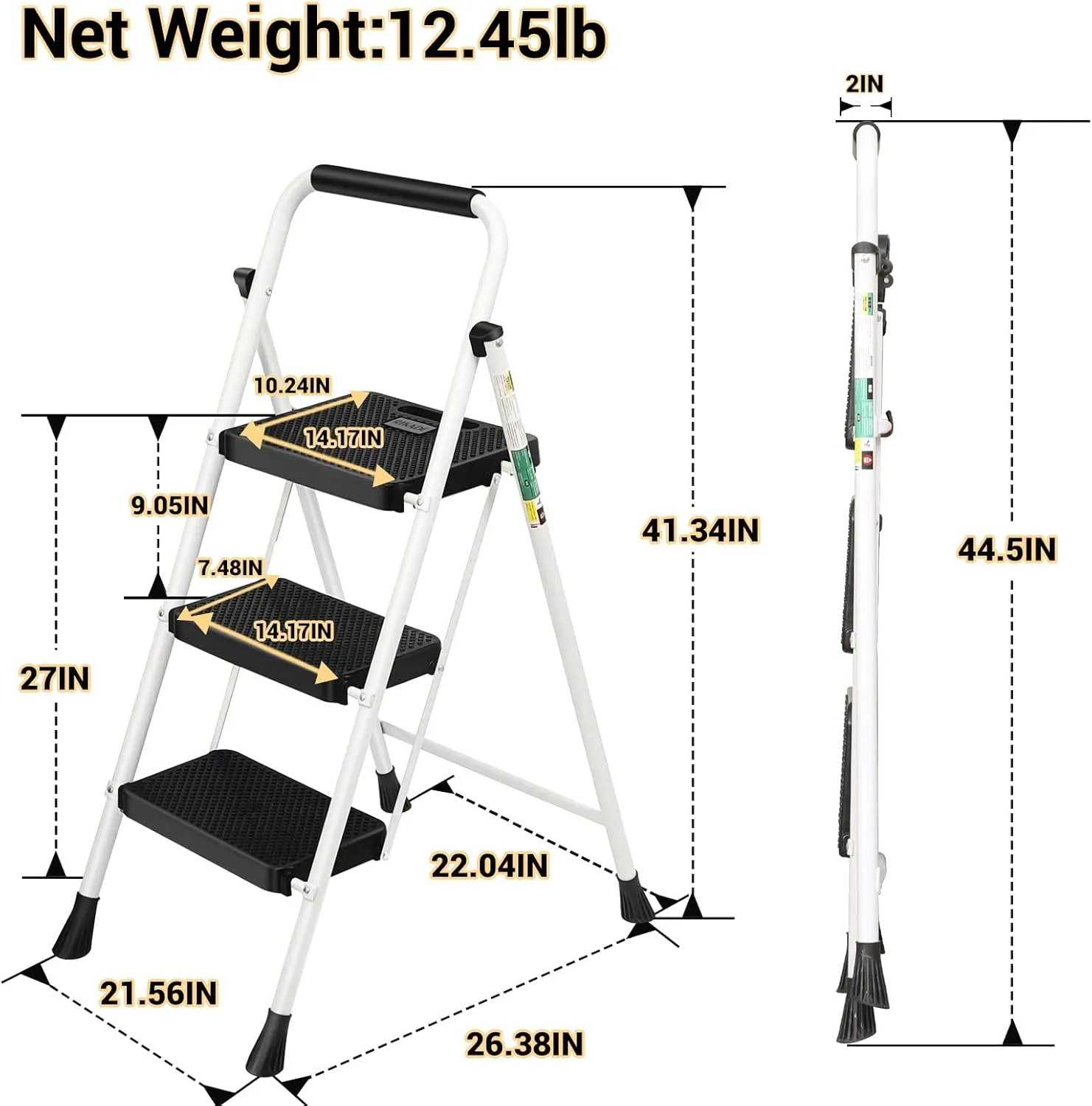 3 Step Ladder, RIKADE Folding Step Stool, Step Stool with Wide Anti-Slip Pedal, Lightweight, Portable Folding Step Ladder with Handgrip, Multi-use Steel Ladder for Household and Office
