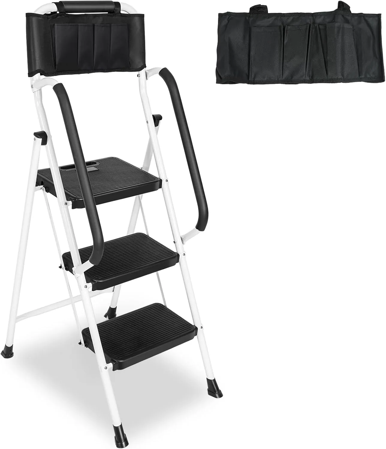 3 Step Ladder with Handrails & Attachable Tool Bag, 500 lbs Folding Step Stool Ladder, Wide Non-Slip Pedal for Kitchen Pantry Home Office, White
