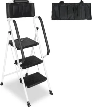 3 Step Ladder with Handrails & Attachable Tool Bag, 500 lbs Folding Step Stool Ladder, Wide Non-Slip Pedal for Kitchen Pantry Home Office, White