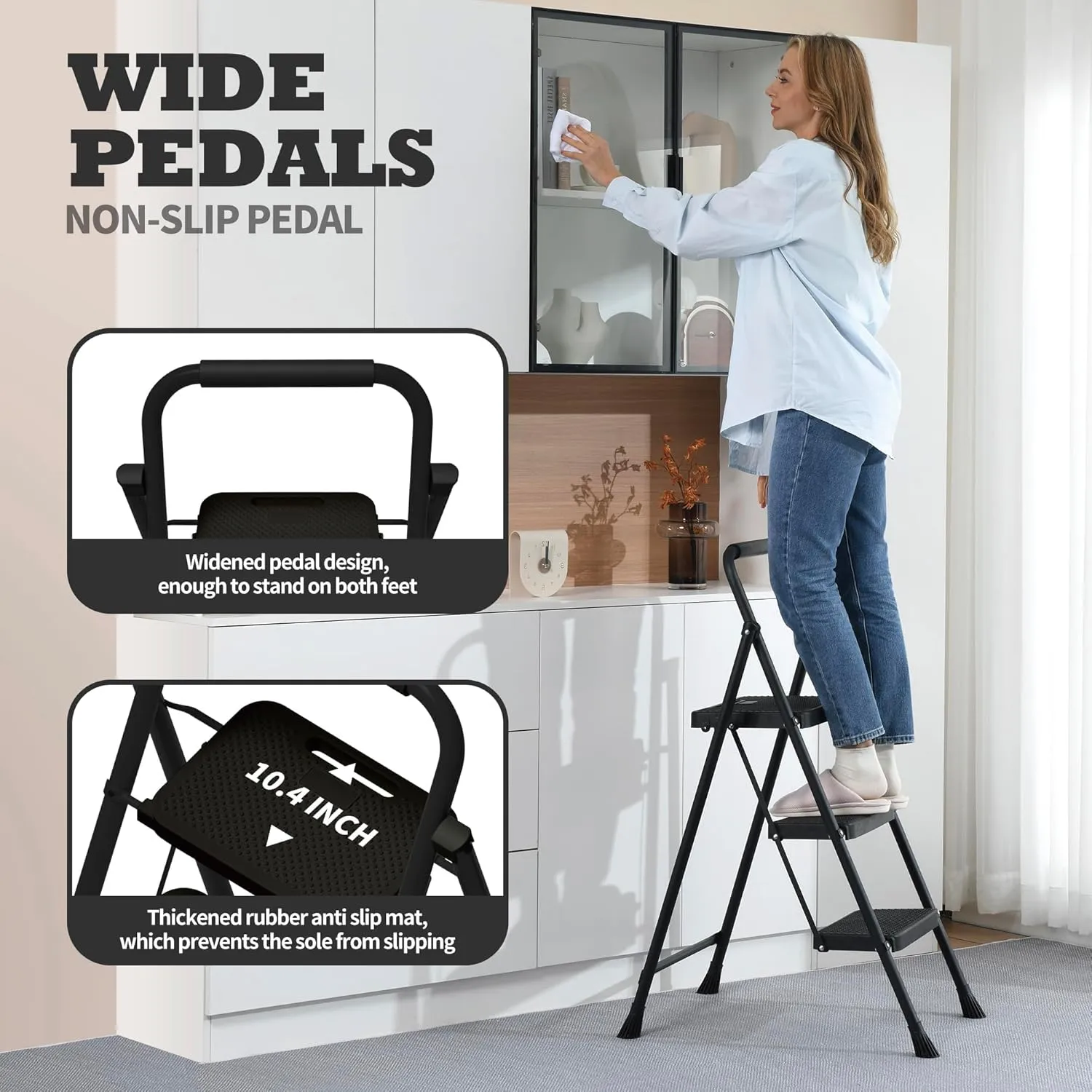 3 Step Ladder,Portable Folding Step Stool with Wide Anti-Slip Pedal and Comfort Handgrip,Lightweight 500 lbs Capacity Steel Ladder Multi-Use Household,Office,Library(Black)