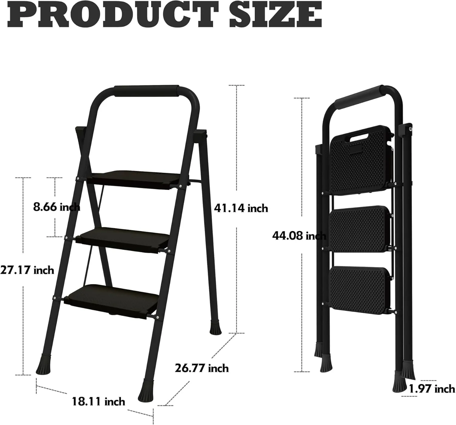 3 Step Ladder,Portable Folding Step Stool with Wide Anti-Slip Pedal and Comfort Handgrip,Lightweight 500 lbs Capacity Steel Ladder Multi-Use Household,Office,Library(Black)