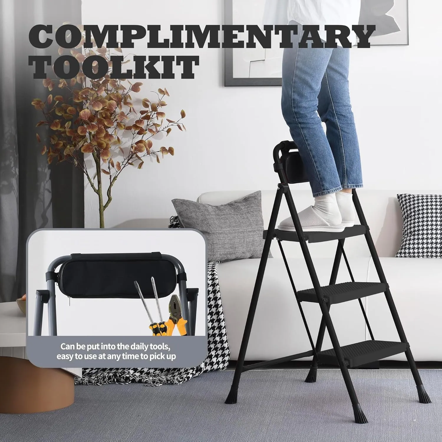 3 Step Ladder,Portable Folding Step Stool with Wide Anti-Slip Pedal and Comfort Handgrip,Lightweight 500 lbs Capacity Steel Ladder Multi-Use Household,Office,Library(Black)