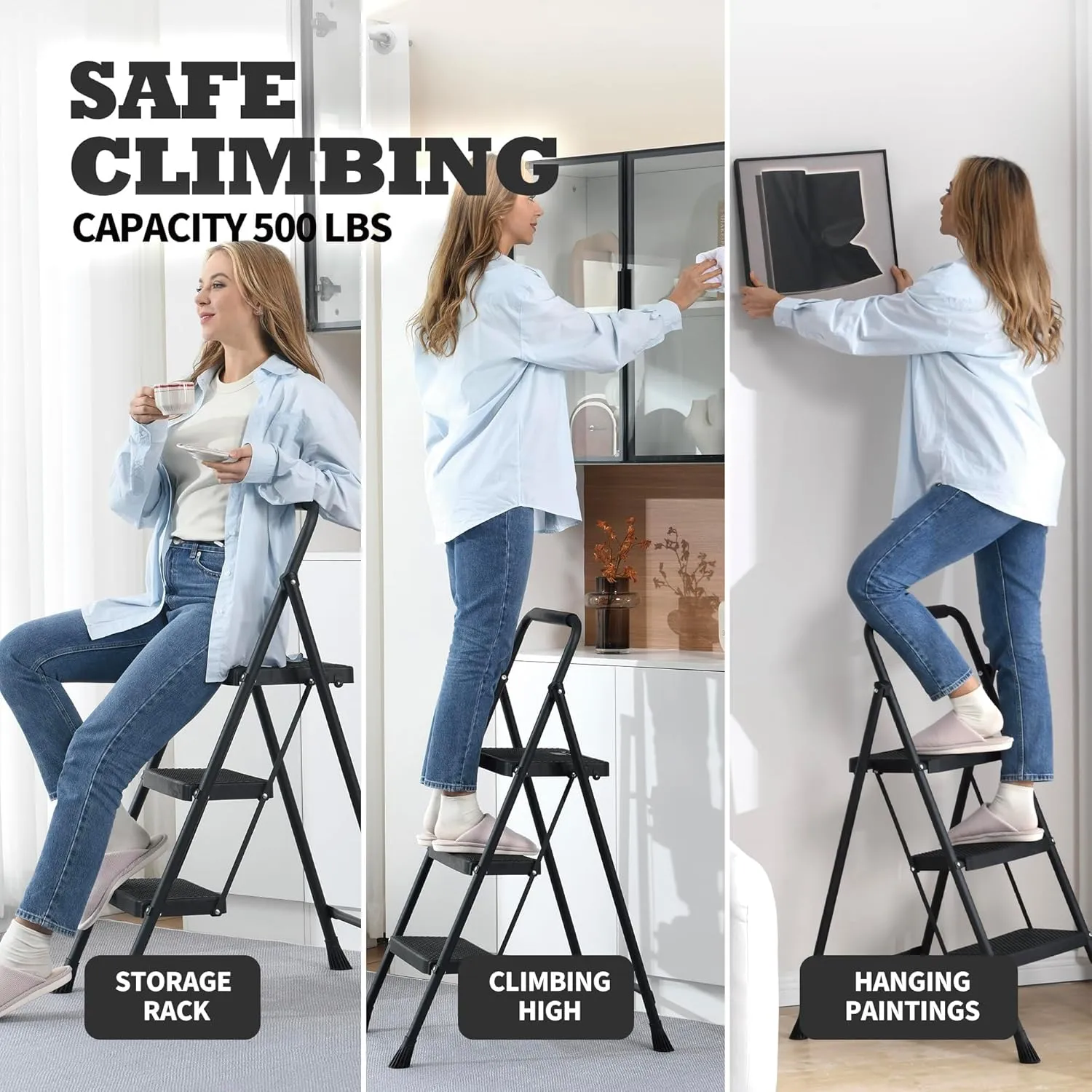 3 Step Ladder,Portable Folding Step Stool with Wide Anti-Slip Pedal and Comfort Handgrip,Lightweight 500 lbs Capacity Steel Ladder Multi-Use Household,Office,Library(Black)