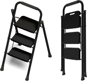 3 Step Ladder,Portable Folding Step Stool with Wide Anti-Slip Pedal and Comfort Handgrip,Lightweight 500 lbs Capacity Steel Ladder Multi-Use Household,Office,Library(Black)