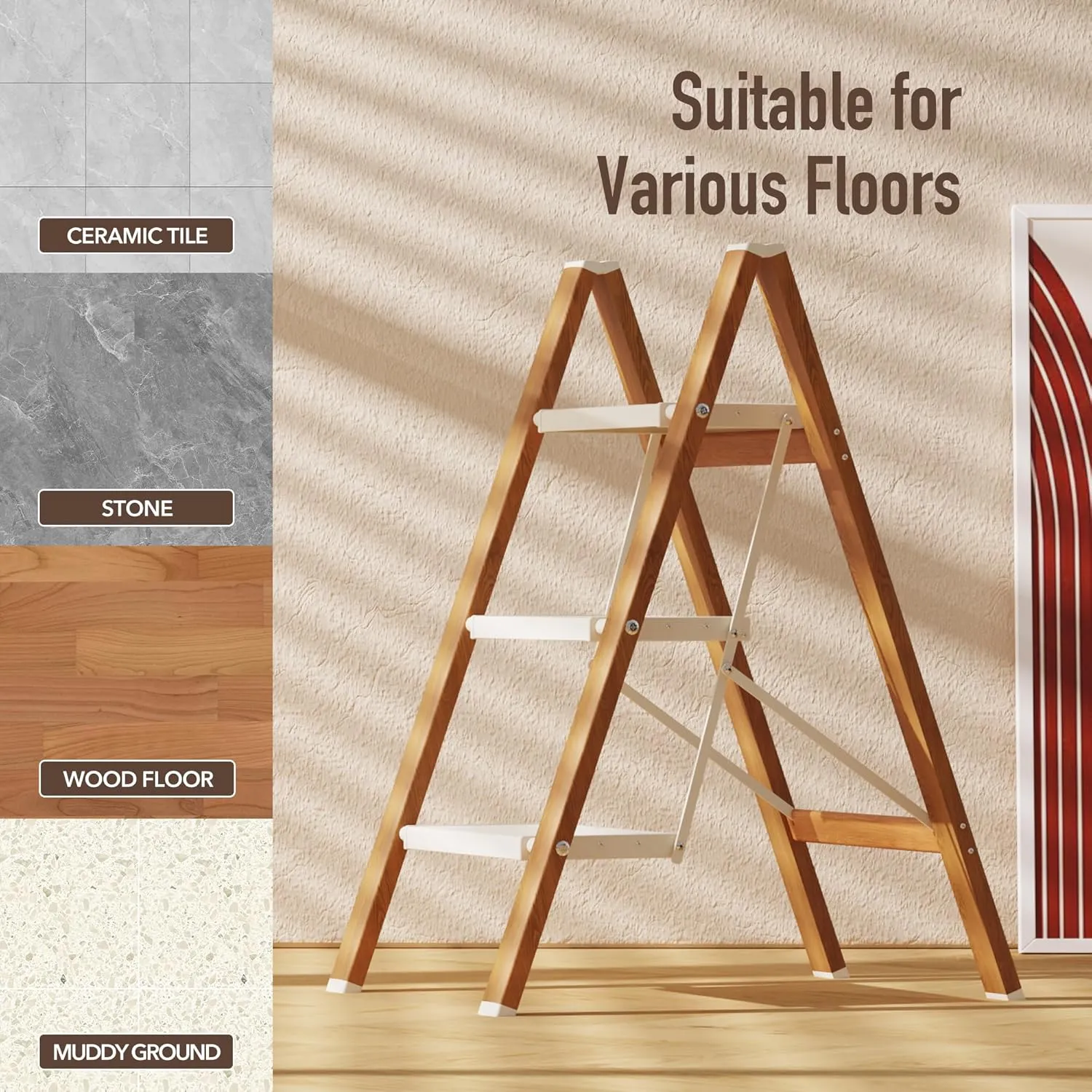 3 Step Lightweight Aluminum Folding Ladder, Portable Step Stool with Wide Anti-Slip Pedals, 330 lbs Capacity for Home,Cleaning Tasks（White&Woodgrain）