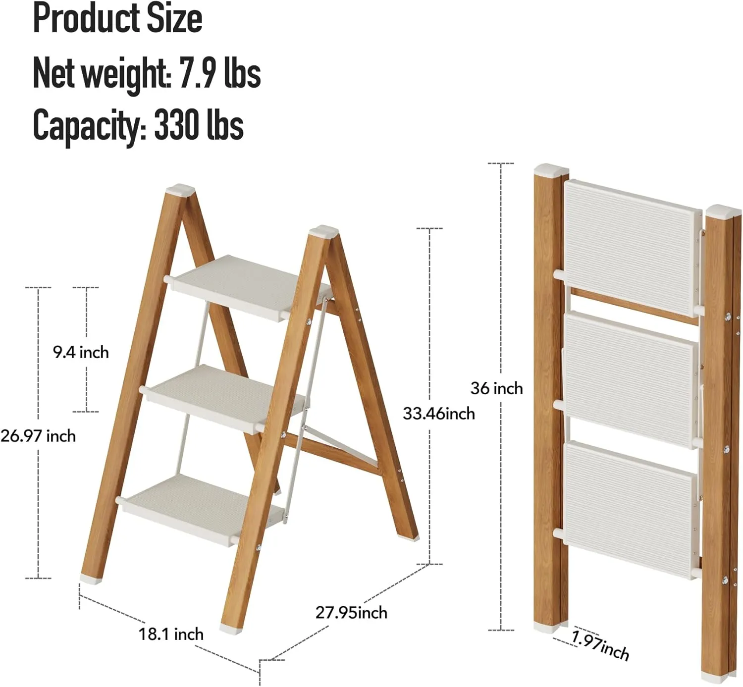 3 Step Lightweight Aluminum Folding Ladder, Portable Step Stool with Wide Anti-Slip Pedals, 330 lbs Capacity for Home,Cleaning Tasks（White&Woodgrain）