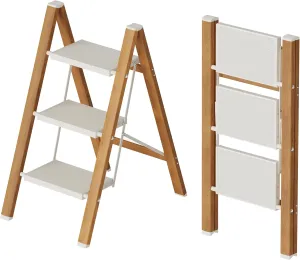 3 Step Lightweight Aluminum Folding Ladder, Portable Step Stool with Wide Anti-Slip Pedals, 330 lbs Capacity for Home,Cleaning Tasks（White&Woodgrain）