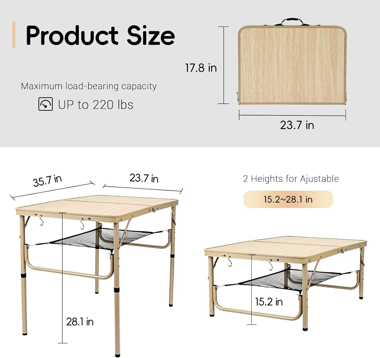 3FT Camping Table 2 Adjustable Height Portable Lightweight Surface Aluminum Fold Up Stand for Picnic,Beach BBQ,Cooking, Outdoor & Indoor