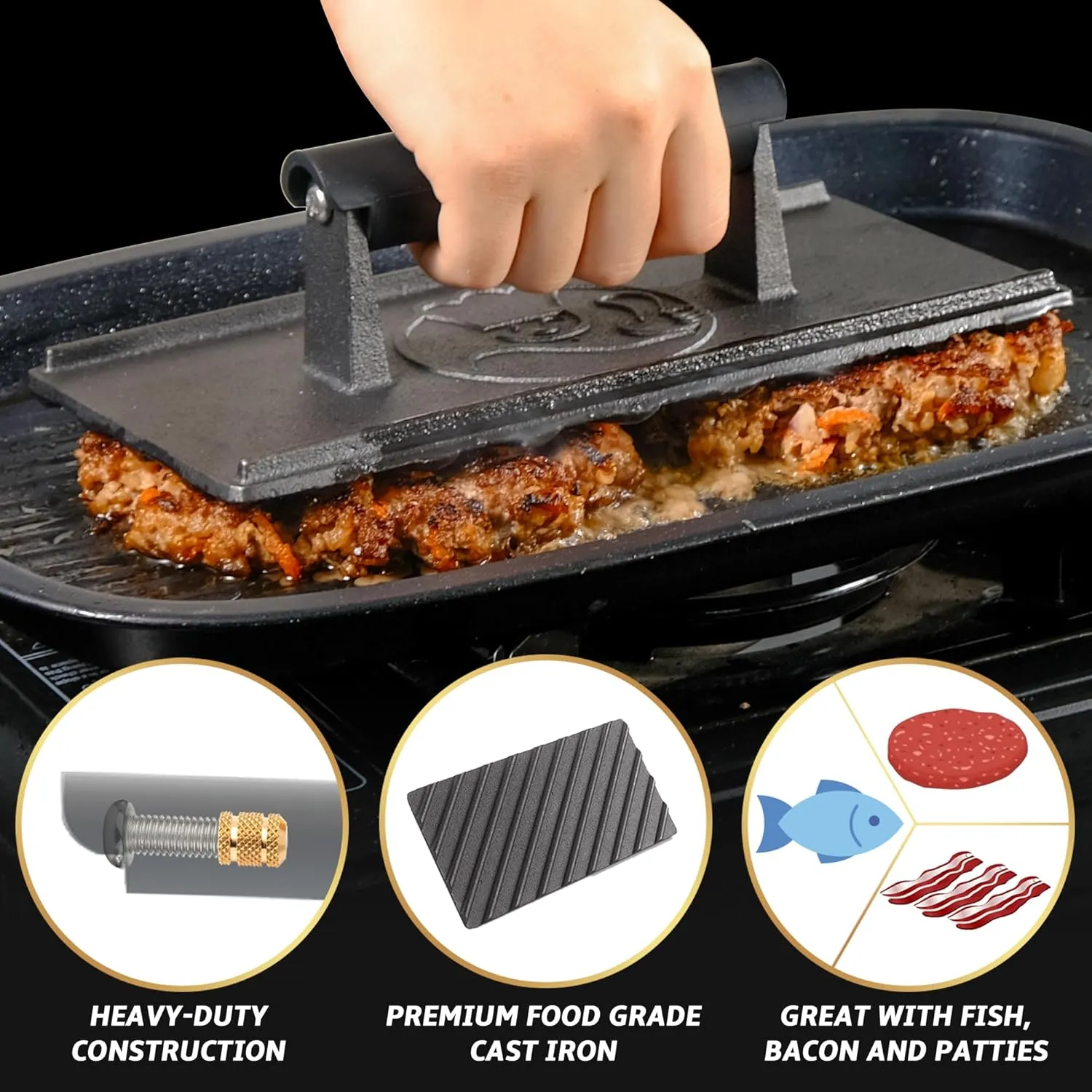 3lb Cast Iron Grill Press, Heavy Duty Smash Burger Press for Griddle Heat Resistant Handle, Burger Smasher, Hamburger Press, Grill Press for Griddle, Bacon Press Meat Press, BBQ Grill Accessories