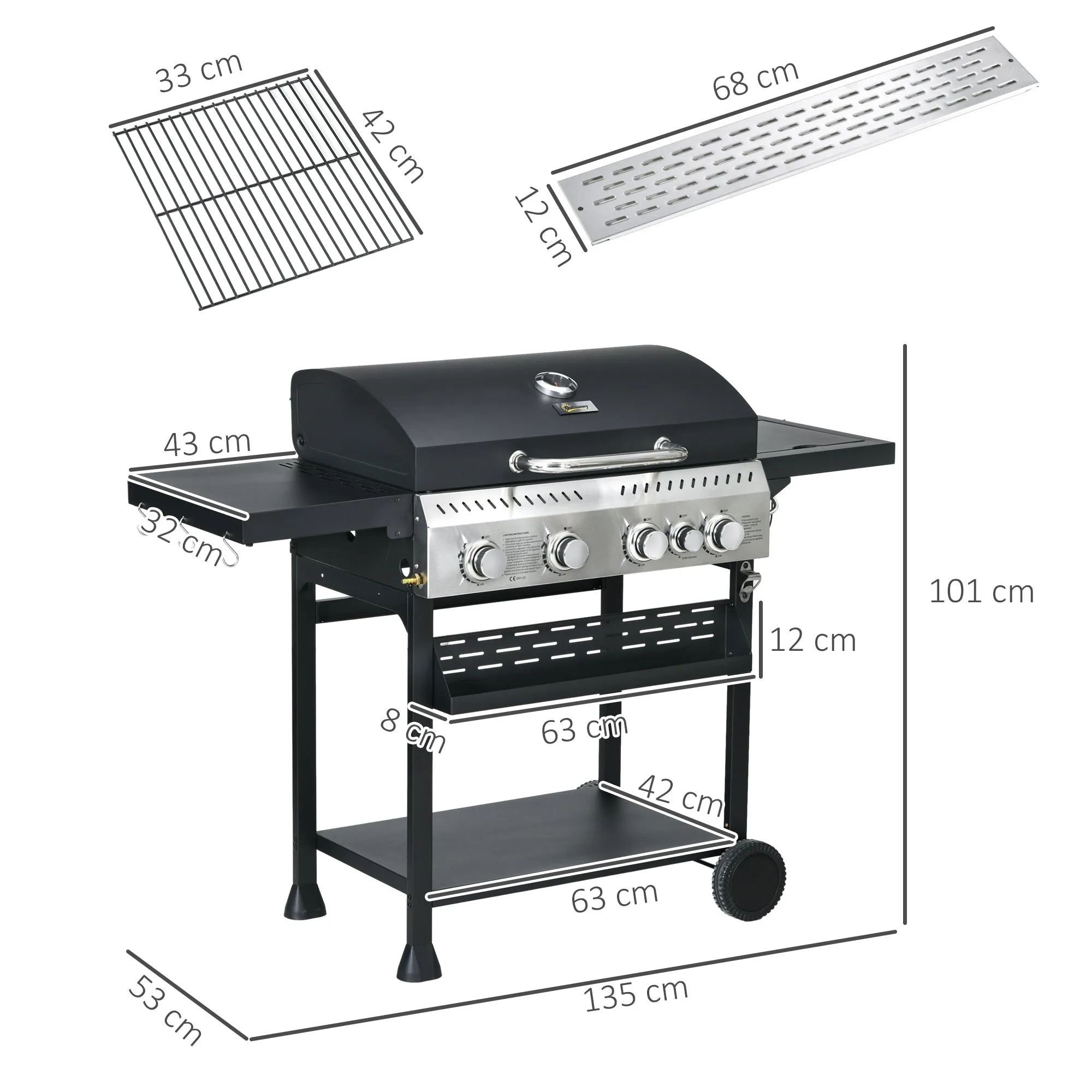 4 1 Gas Burner Grill, 12.5 kW Propane Gas Barbecue BBQ Grill with Wheels, Warming Rack, Shelves, Thermometer, Bottle Opener, Black