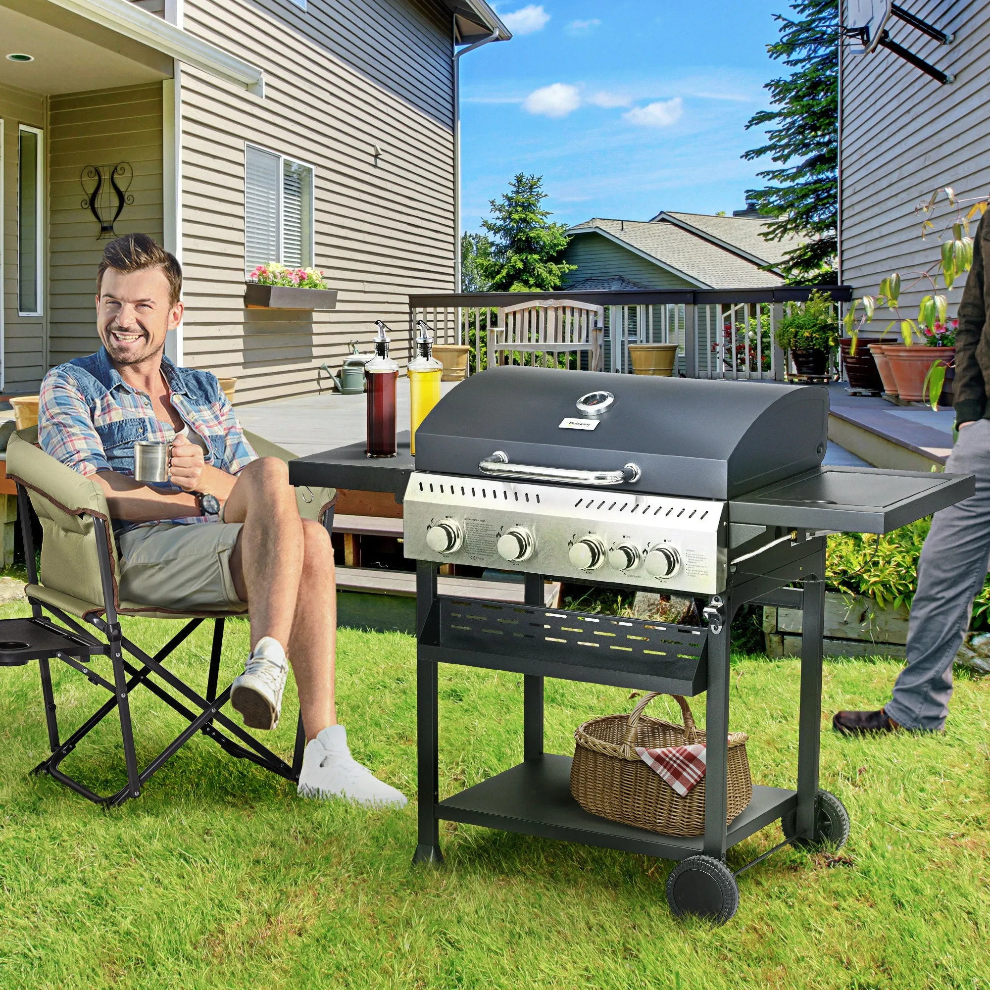 4 1 Gas Burner Grill, 12.5 kW Propane Gas Barbecue BBQ Grill with Wheels, Warming Rack, Shelves, Thermometer, Bottle Opener, Black