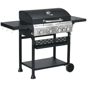 4 1 Gas Burner Grill, 12.5 kW Propane Gas Barbecue BBQ Grill with Wheels, Warming Rack, Shelves, Thermometer, Bottle Opener, Black