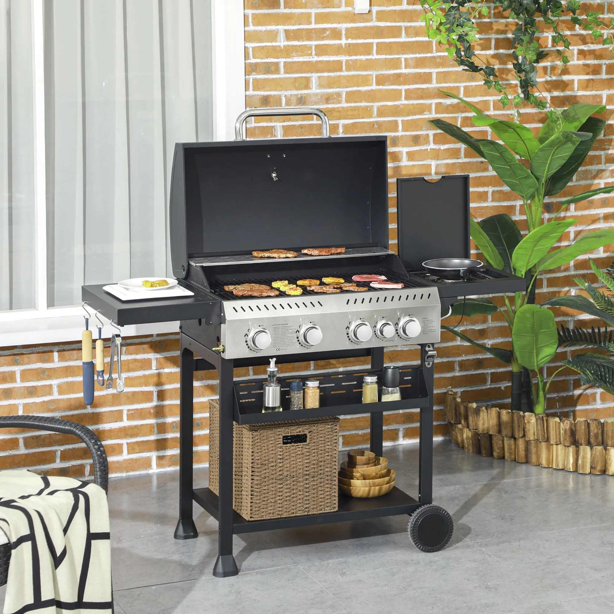 4 1 Gas Burner Grill, 12.5 kW Propane Gas Barbecue BBQ Grill with Wheels, Warming Rack, Shelves, Thermometer, Bottle Opener, Black