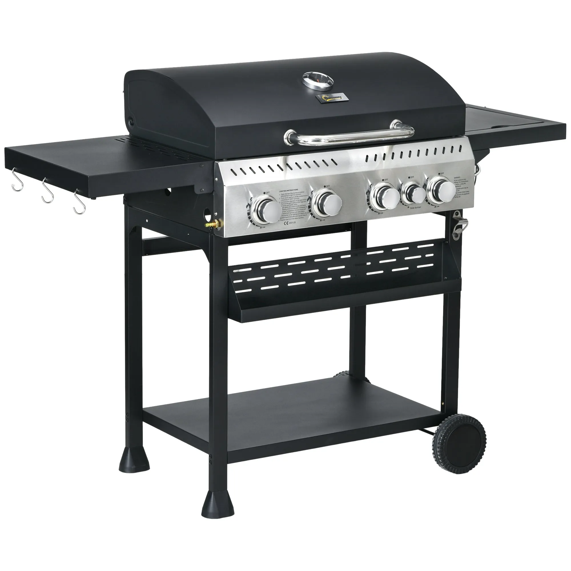 4 1 Gas Burner Grill, 12.5 kW Propane Gas Barbecue BBQ Grill with Wheels, Warming Rack, Shelves, Thermometer, Bottle Opener, Black