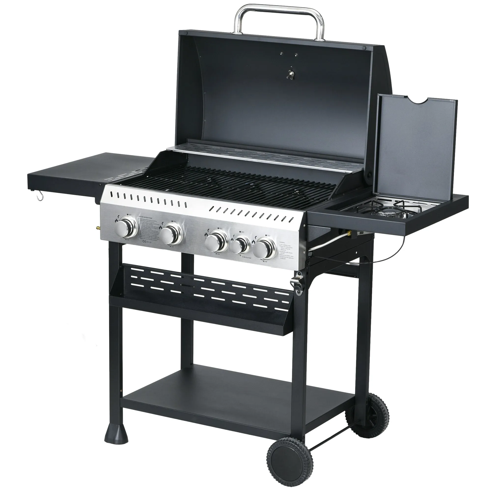 4 1 Gas Burner Grill, 12.5 kW Propane Gas Barbecue BBQ Grill with Wheels, Warming Rack, Shelves, Thermometer, Bottle Opener, Black