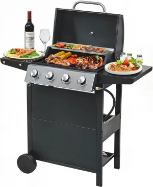4 Burner Propane Gas Grill, Stainless Steel BBQ Grill 40,000 BTU for Outdoor Cooking Kitchen, Garden and Patio Backyard Barbecue, Black and Silver
