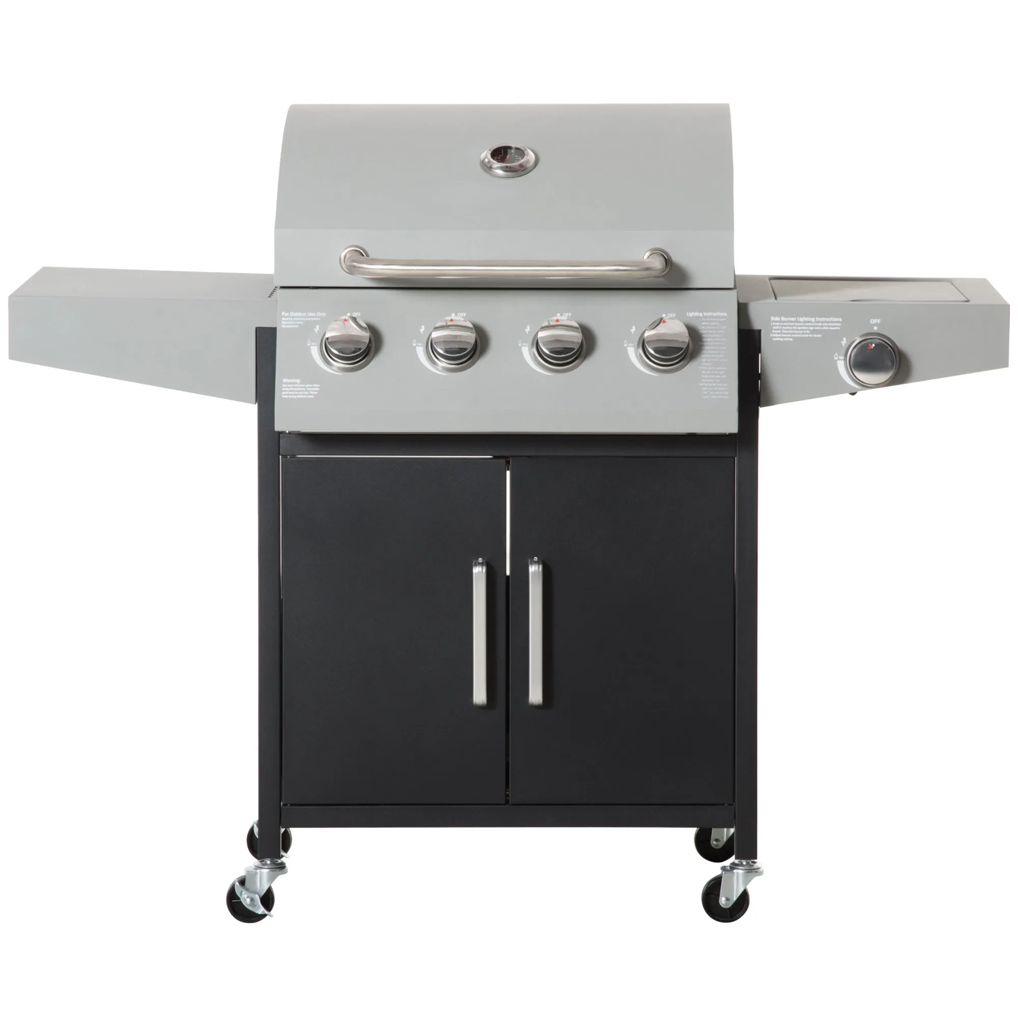 4 Burner Propane Gas Grill with Side Burner with Wheels & Storage Cabinet, 50,000 BTU, Silver
