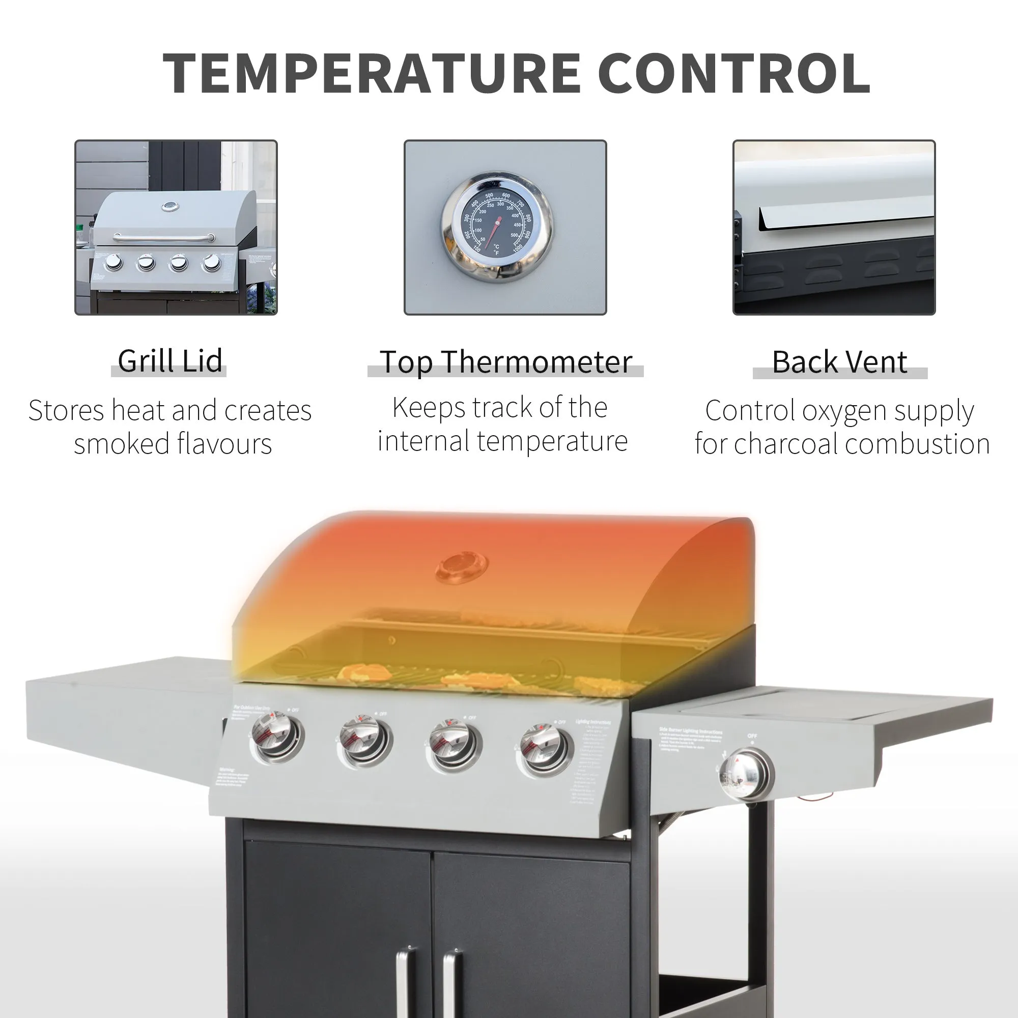 4 Burner Propane Gas Grill with Side Burner with Wheels & Storage Cabinet, 50,000 BTU, Silver