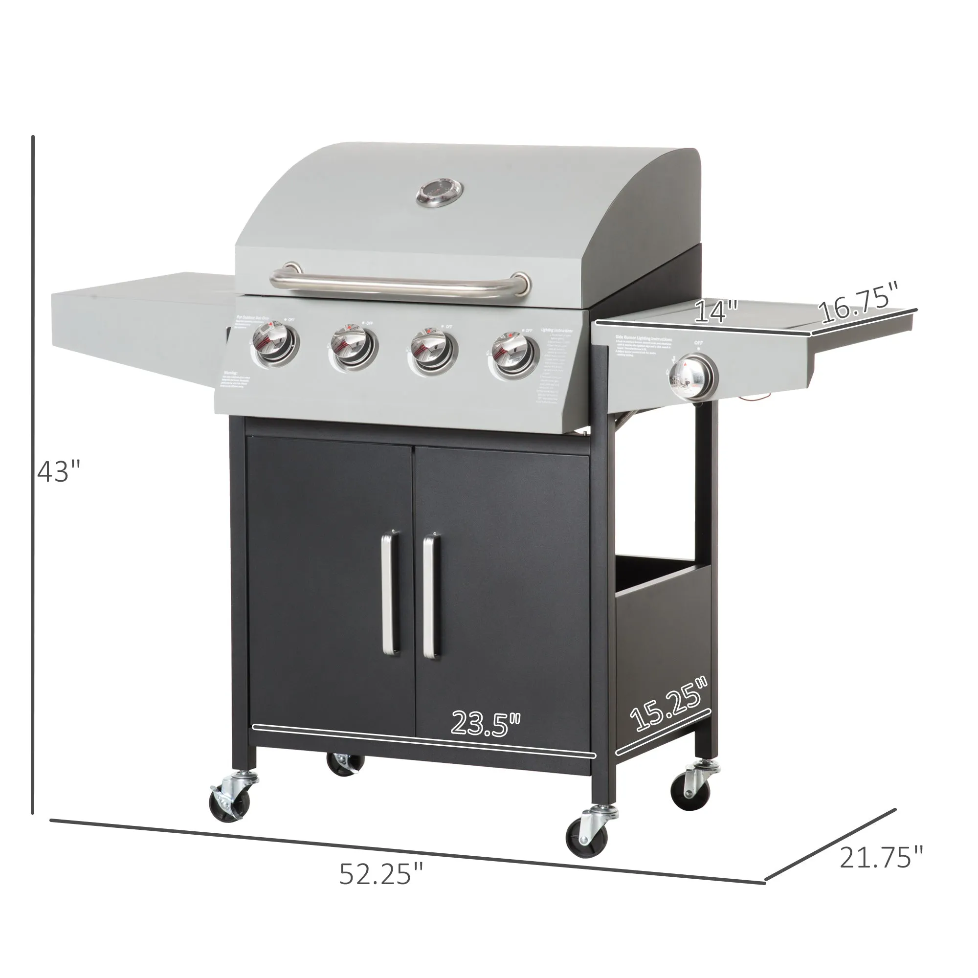 4 Burner Propane Gas Grill with Side Burner with Wheels & Storage Cabinet, 50,000 BTU, Silver