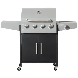 4 Burner Propane Gas Grill with Side Burner with Wheels & Storage Cabinet, 50,000 BTU, Silver