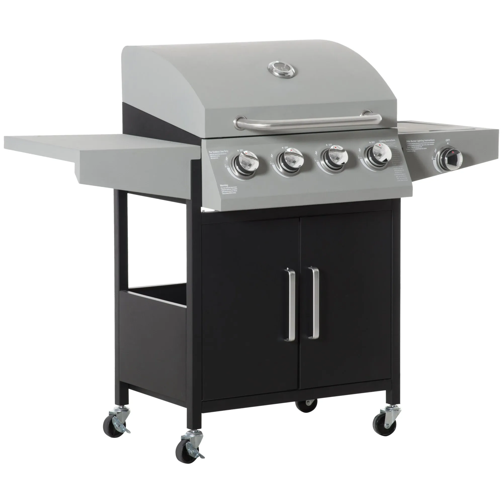 4 Burner Propane Gas Grill with Side Burner with Wheels & Storage Cabinet, 50,000 BTU, Silver