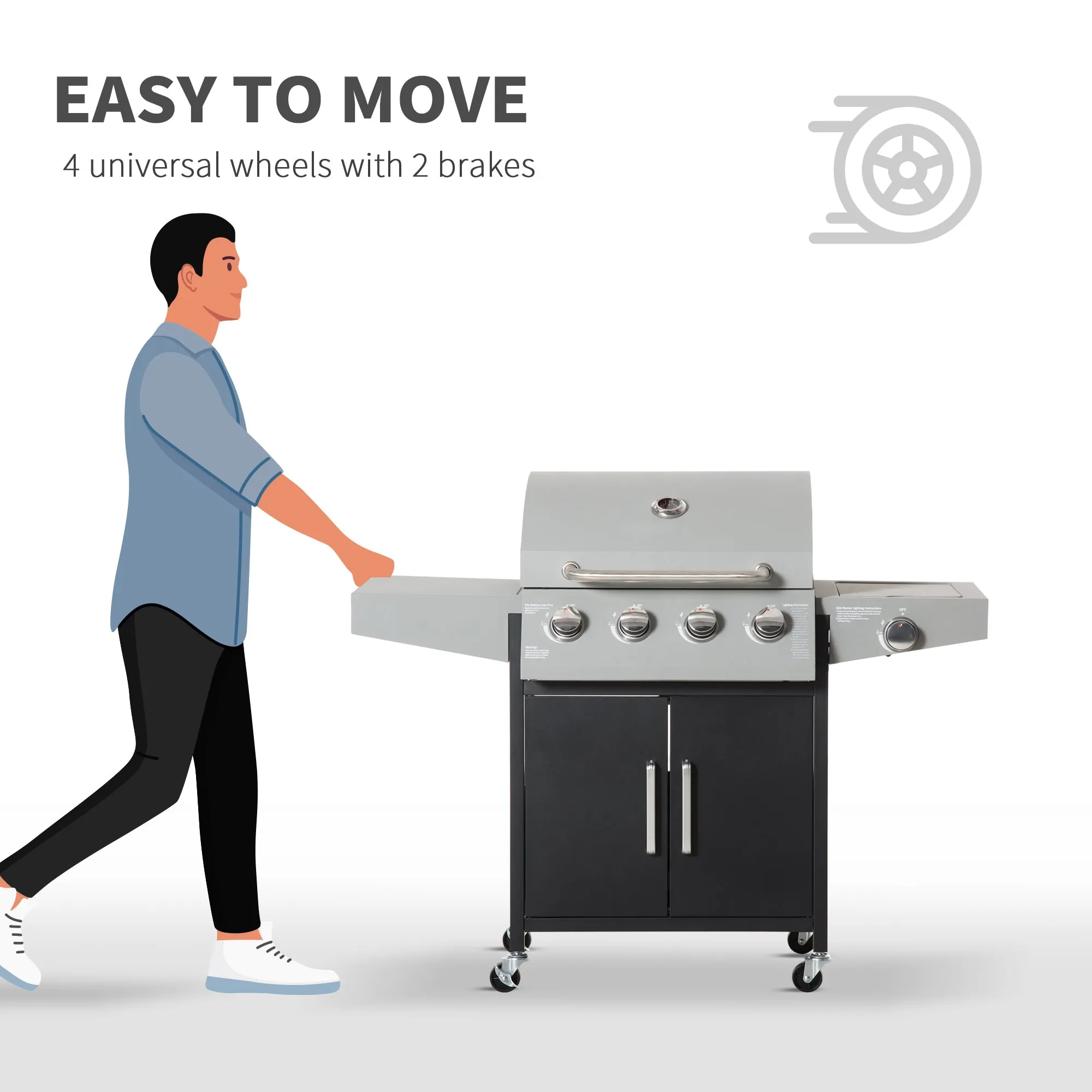 4 Burner Propane Gas Grill with Side Burner with Wheels & Storage Cabinet, 50,000 BTU, Silver