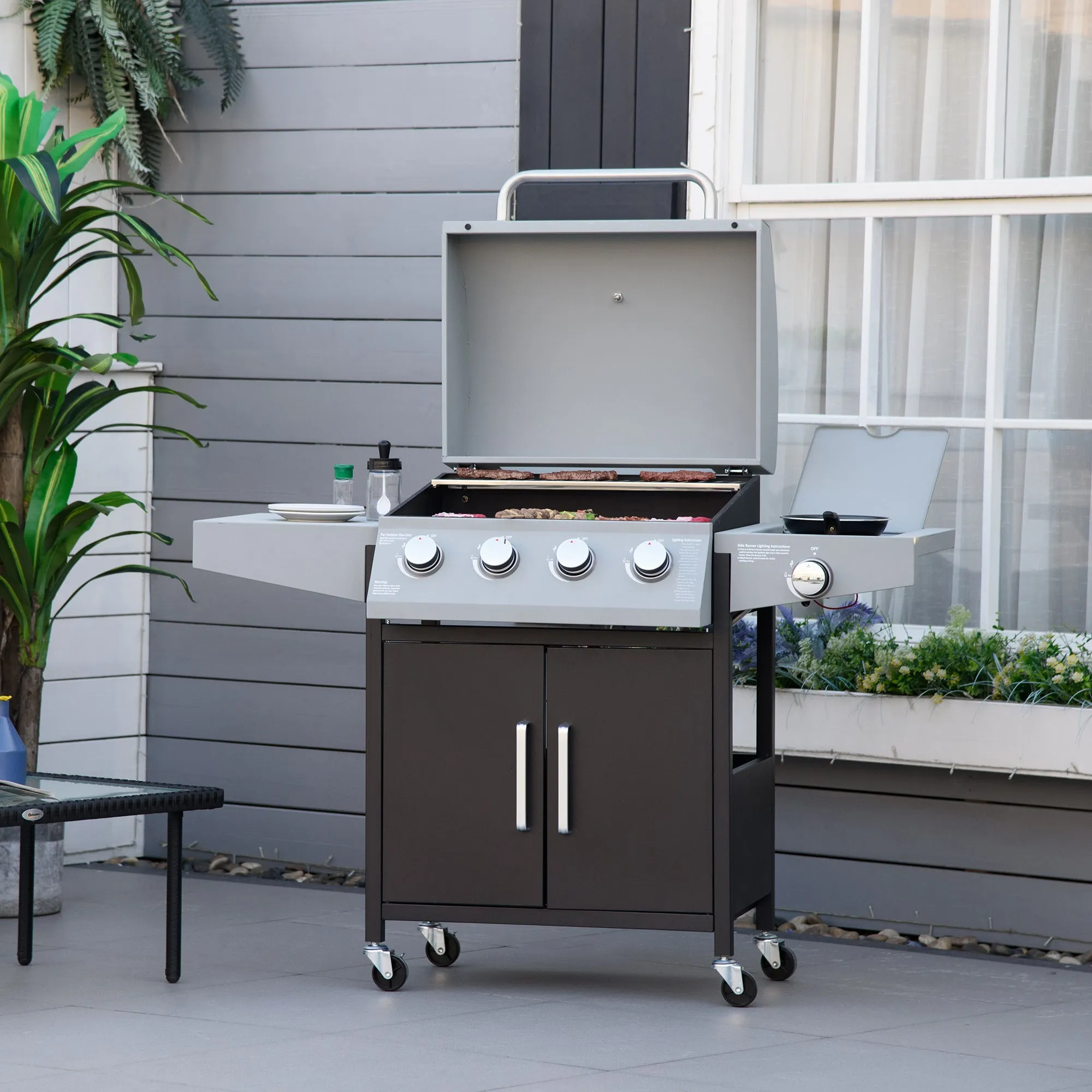 4 Burner Propane Gas Grill with Side Burner with Wheels & Storage Cabinet, 50,000 BTU, Silver