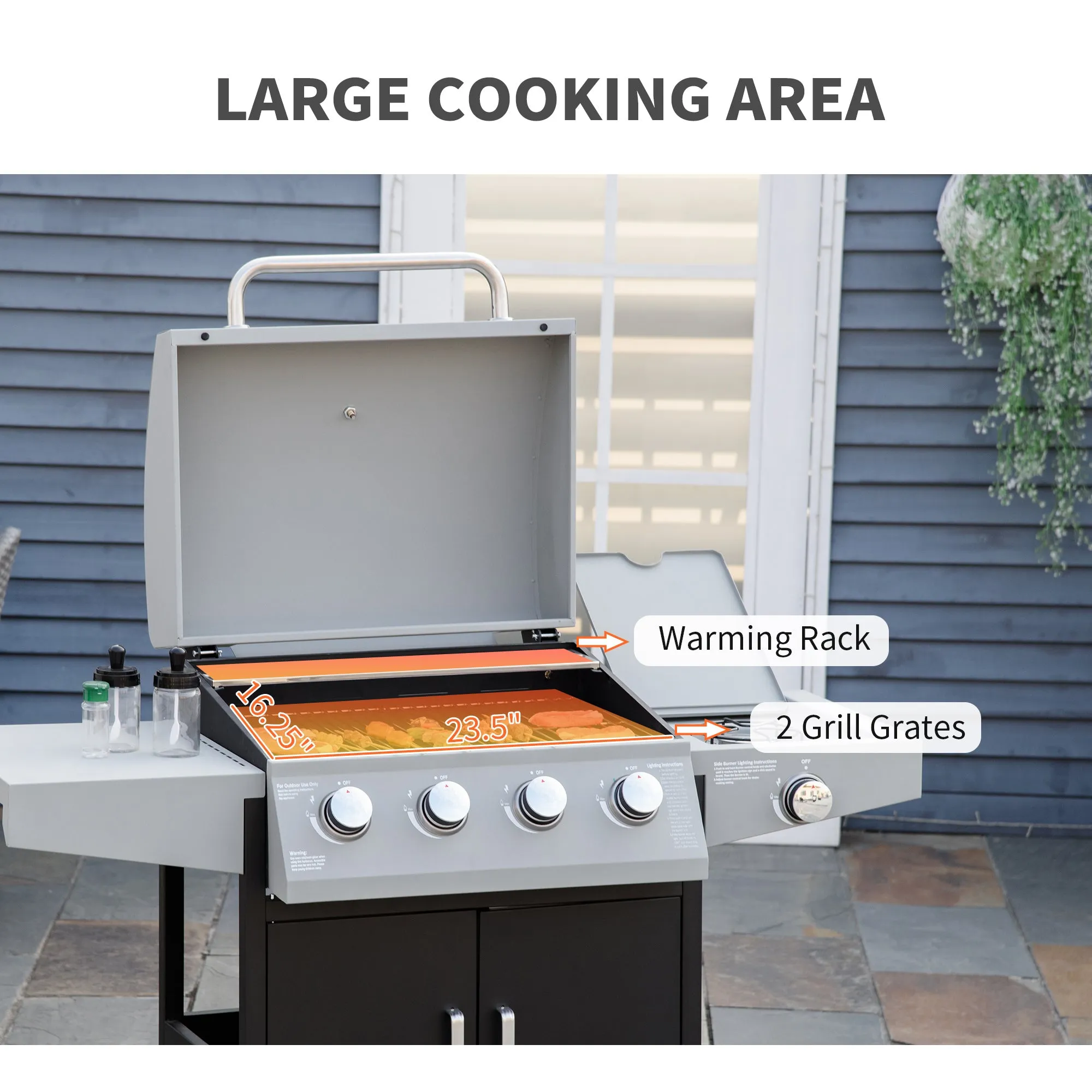 4 Burner Propane Gas Grill with Side Burner with Wheels & Storage Cabinet, 50,000 BTU, Silver