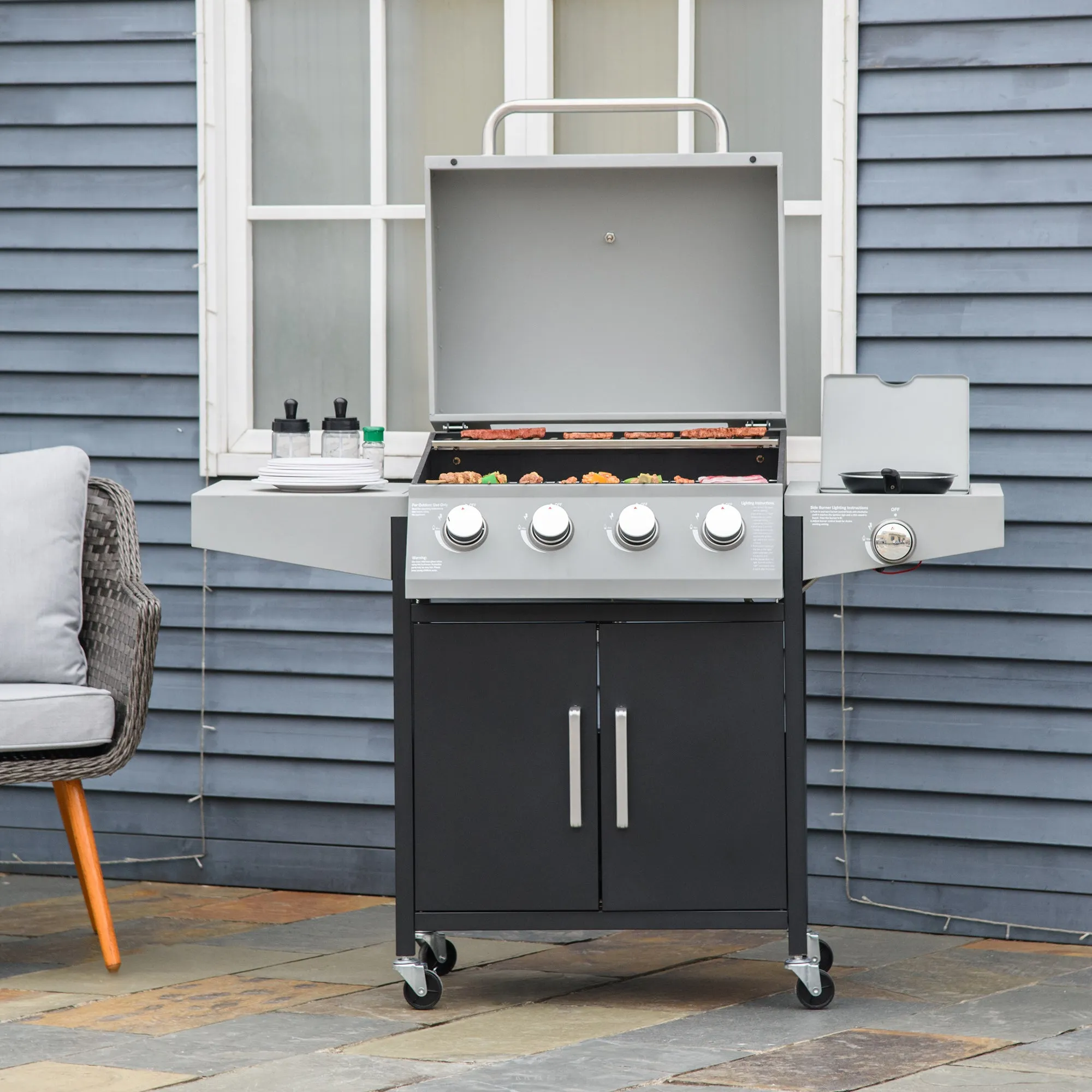 4 Burner Propane Gas Grill with Side Burner with Wheels & Storage Cabinet, 50,000 BTU, Silver
