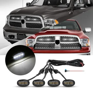 4 Pcs Led Grill Lights Compatible with 2013-2018 RAM 1500 & 2019-2024 RAM 1500 Classic - LED Front Grille Lights Accessories with Fuse & Harness (White Light Black Shell)