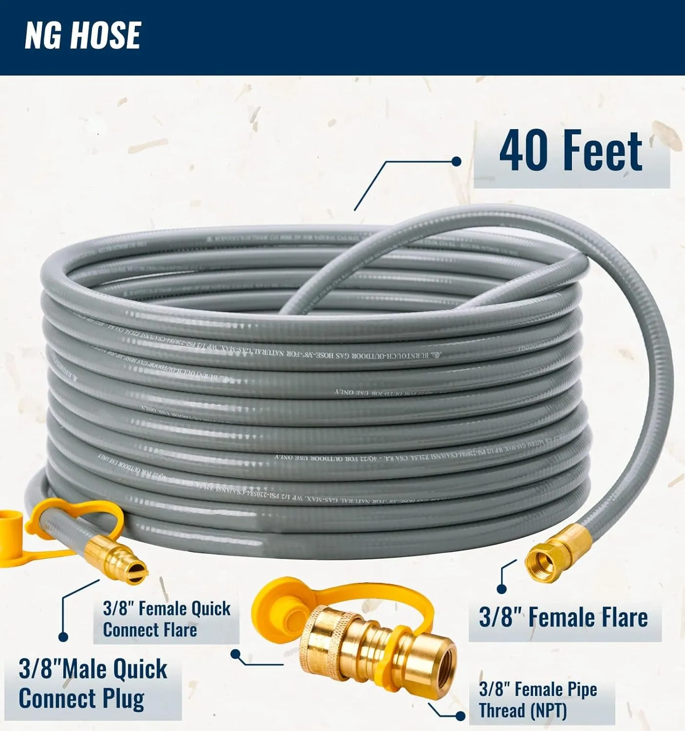 40 Feet 3/8 inch ID Natural Gas Grill Hose with Quick Connect Fittings, Natural Gas Line for Grill, Pizza Oven, Heater and More Low Pressure Appliance