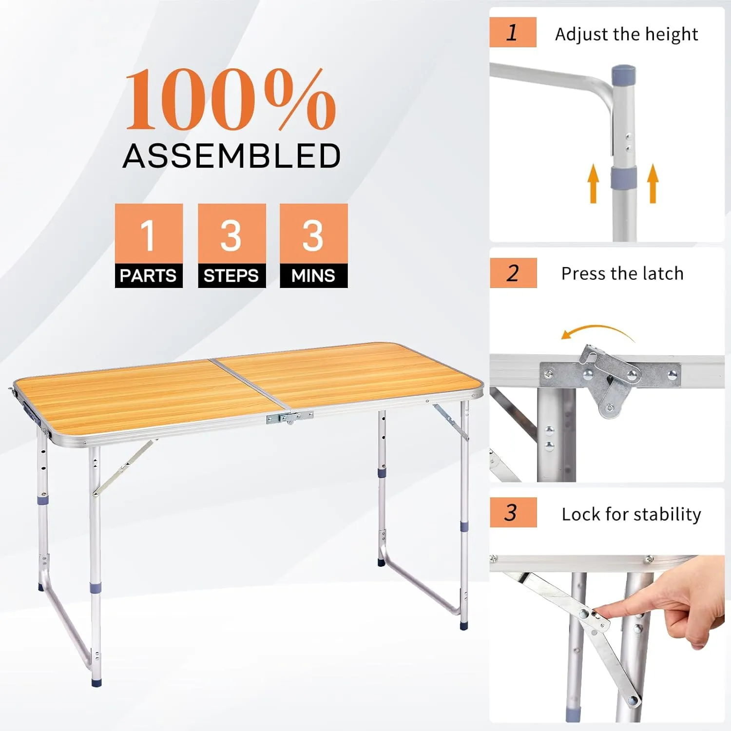 4.0 Ft Folding Portable Camping Table with Three Adjustable Heights, RV Tables for Inside a Camper, Outdoor, BBQ, Dining, Picnic, Beach, Garden, Party, Yellow