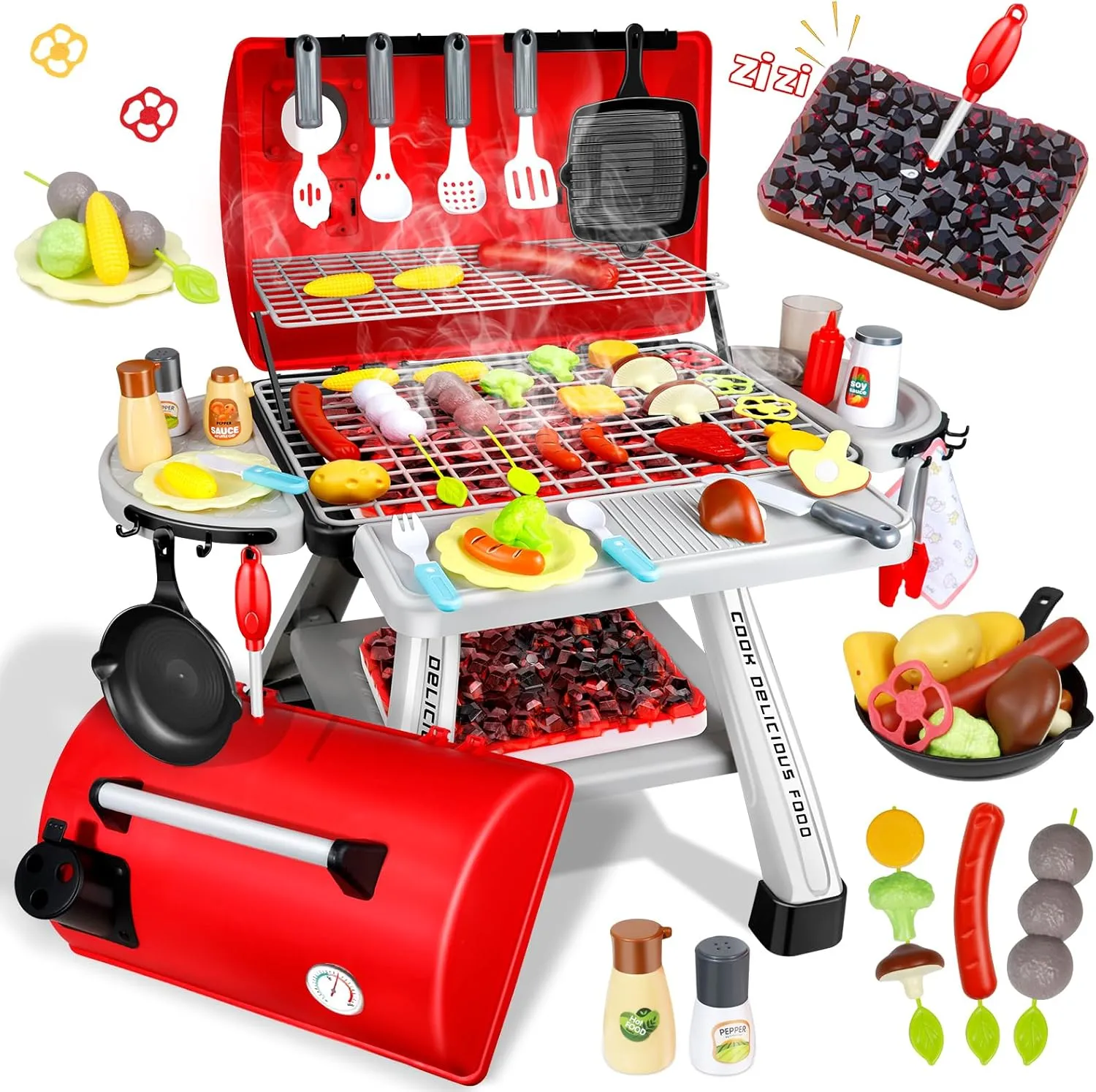 41Pcs Toy Grill Kids Grill Playset with Sound & Light for Toddlers - Kids BBQ Grill Playset for Indoor and Outdoor Kitchen Playset for Kids