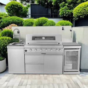 43" 6-Burner 85000 BTU Deluxe Gas Grill Island - Stainless Steel, Wine Cooler, Rotisserie, Granite Countertops, Storage Cabinets, Silver