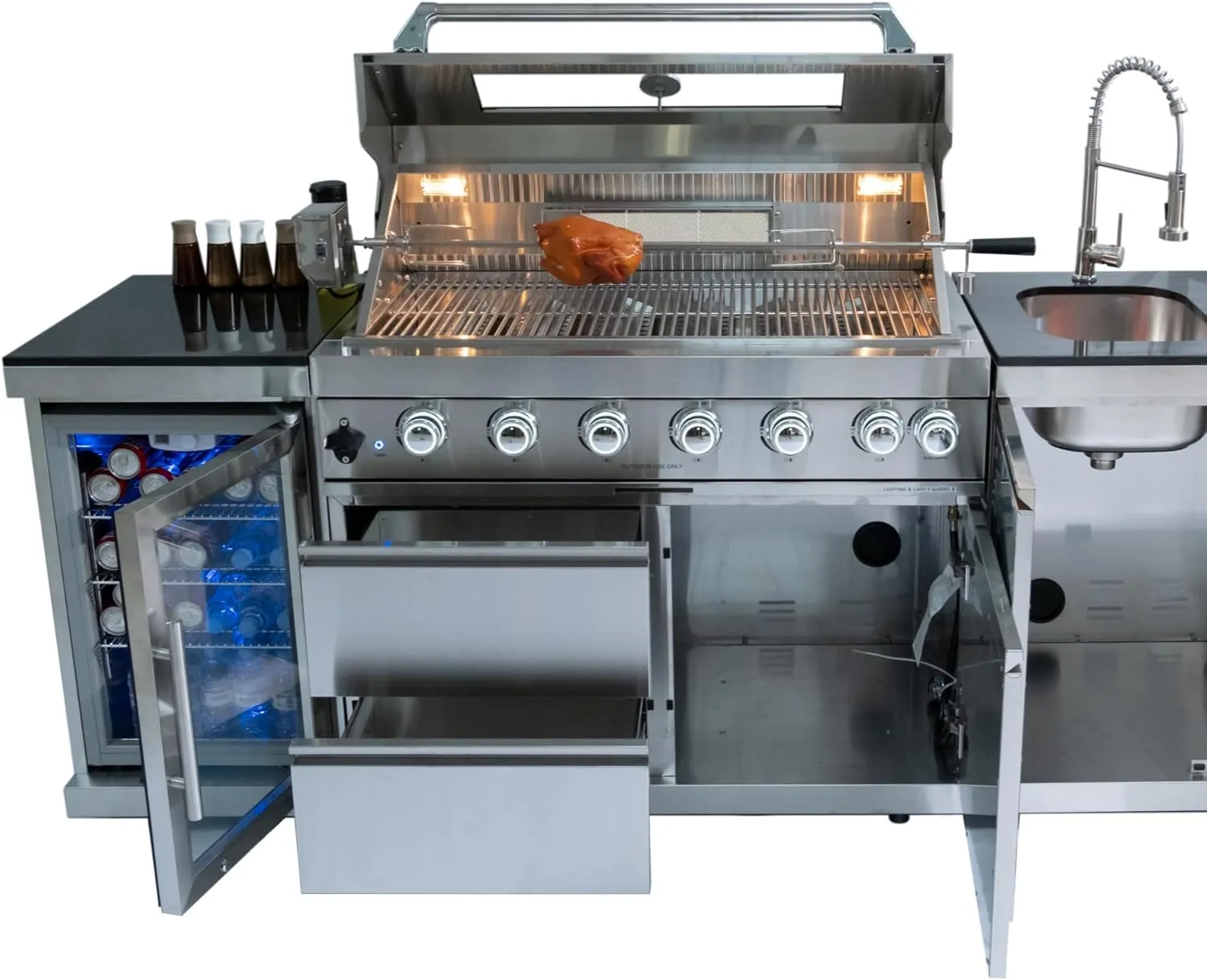 43" 6-Burner 85000 BTU Deluxe Gas Grill Island - Stainless Steel, Wine Cooler, Rotisserie, Granite Countertops, Storage Cabinets, Silver
