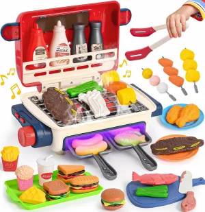 48-Piece Kids BBQ Grill Playset with Lights & Sounds, Spray Food, Role Play Kitchen Accessories, Children's Kitchen Toys, Gift for Boys & Girls Ages 3-6 