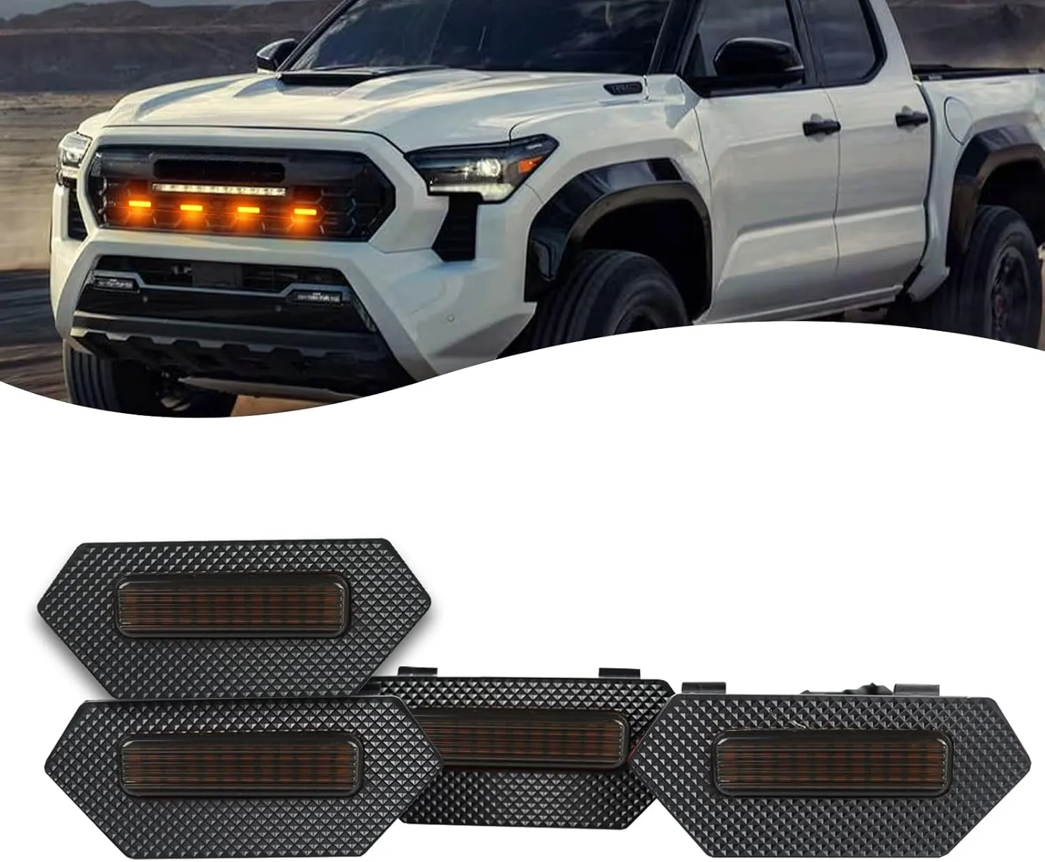 4pc Smoked Housing Amber LED Front Grille Lights DRL Feature Kit for Toyota Tacoma 2024 2025 Trailhunter TRD Pro Cab Pickup Accessories (Smoked)