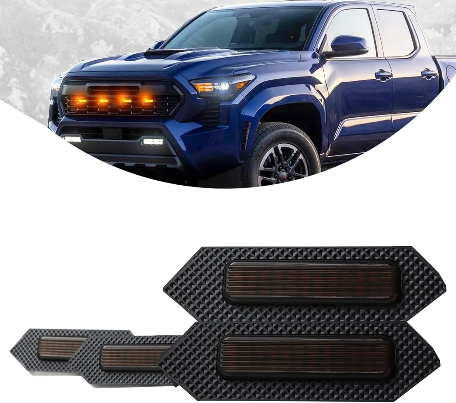 4pc Smoked Housing Amber LED Front Grille Lights DRL Feature Kit for Toyota Tacoma 2024 TRD Off-Road Crew Cab Pickup Accessories