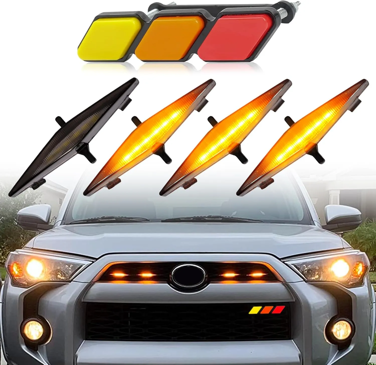 4pcs Amber LED Grill Lights for Toyota 4Runner TRD Pro SR5 Off-Road Limited (2014-2019), Raptor Light for 4Runner TRD Pro (2020-2024) - 1pc Grille Emblem