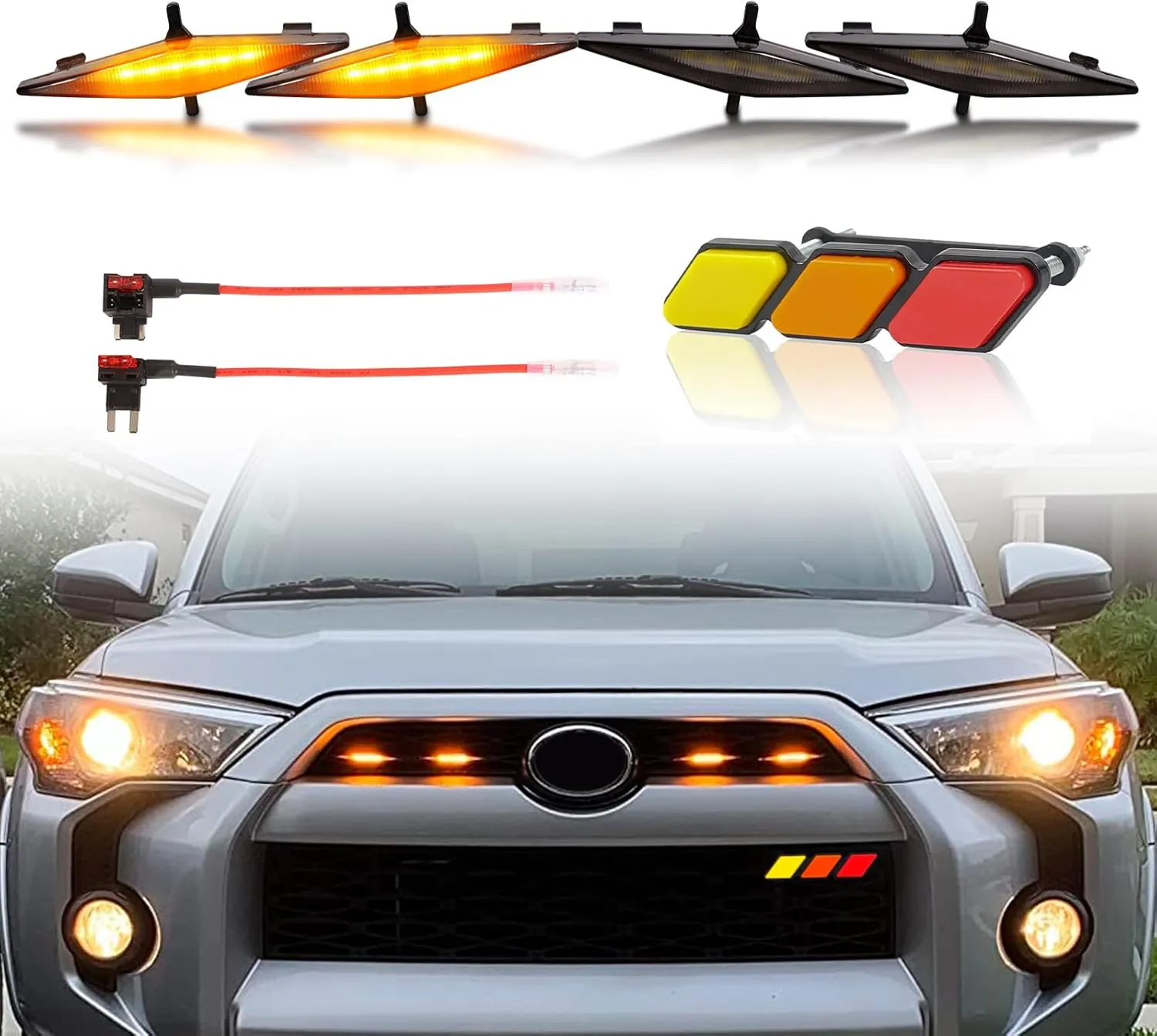 4pcs Amber LED Grill Lights for Toyota 4Runner TRD Pro SR5 Off-Road Limited (2014-2019), Raptor Light for 4Runner TRD Pro (2020-2024) - 1pc Grille Emblem