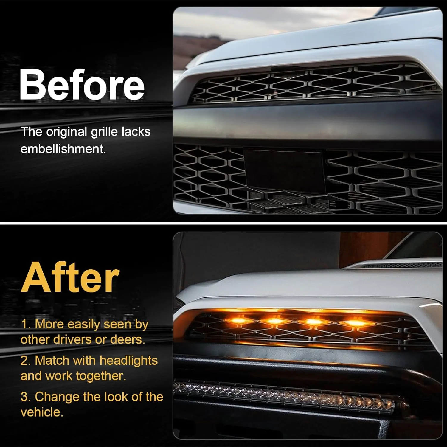 4pcs Amber LED Grill Lights for Toyota 4Runner TRD Pro SR5 Off-Road Limited (2014-2019), Raptor Light for 4Runner TRD Pro (2020-2024) - 1pc Grille Emblem