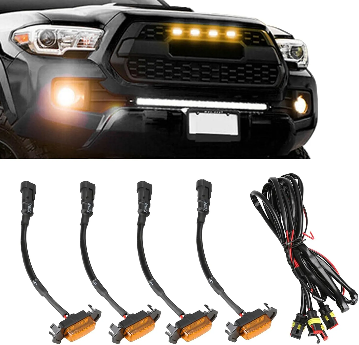 4PCS LED Grill Lights, LED Amber Grill Light, Front Grille Bumper Raptor Lamps Car Accessories with Harness, Compatible with 2016-2019 Toyota Tacoma TRD PRO Front Grill