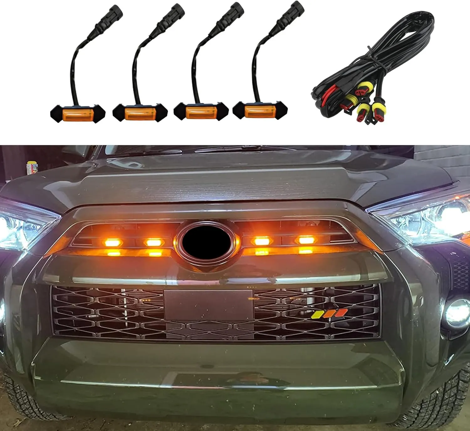 4PCS LED Grille Lights, Bright Amber LED Grill Lights with Wiring Harness, Waterproof Front Grill Trim Lamps, Vehicle Exterior Grille Lamps Replacement for 2016-2019 Tacoma TRD PRO Front Grille