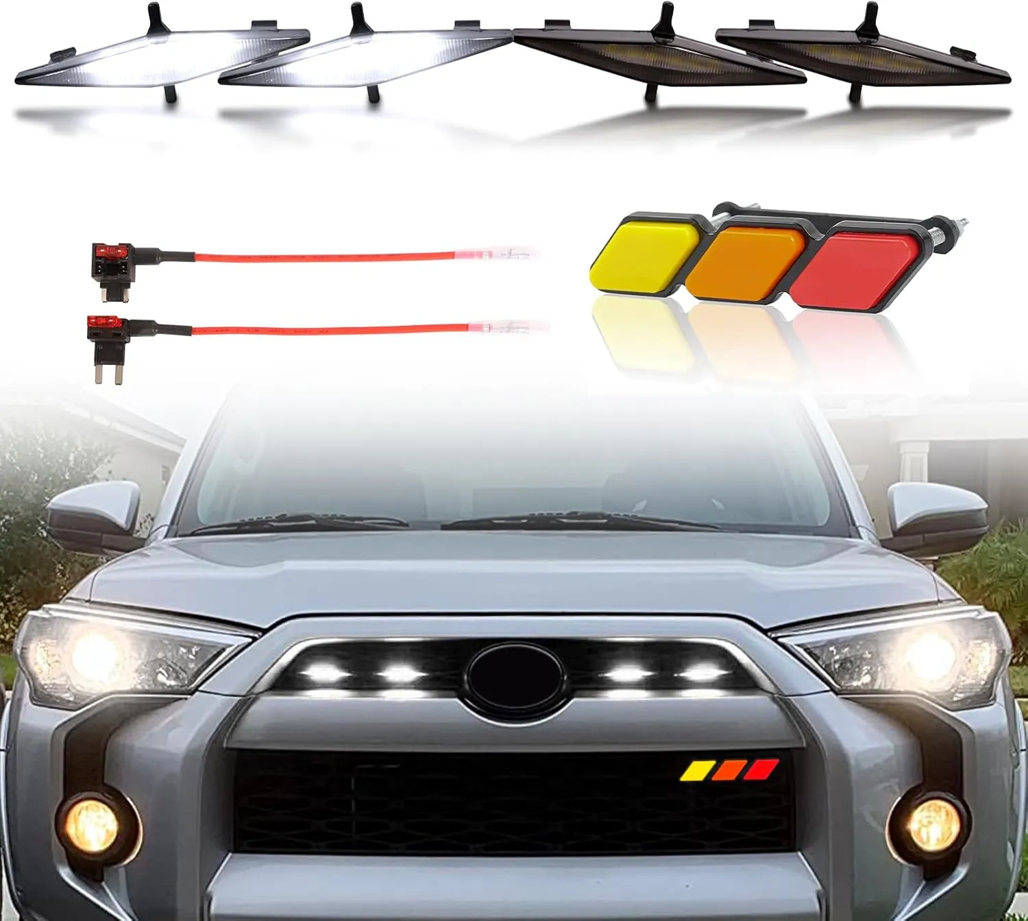 4pcs White Led Grill Lights for 2014-2019 Toyota 4runner TRD Pro SR5 Off-Road Limited Grille Grills Light, Raptor Lights for 4Runner TRD Pro 2020-2024 1pcs 4runner Emblems