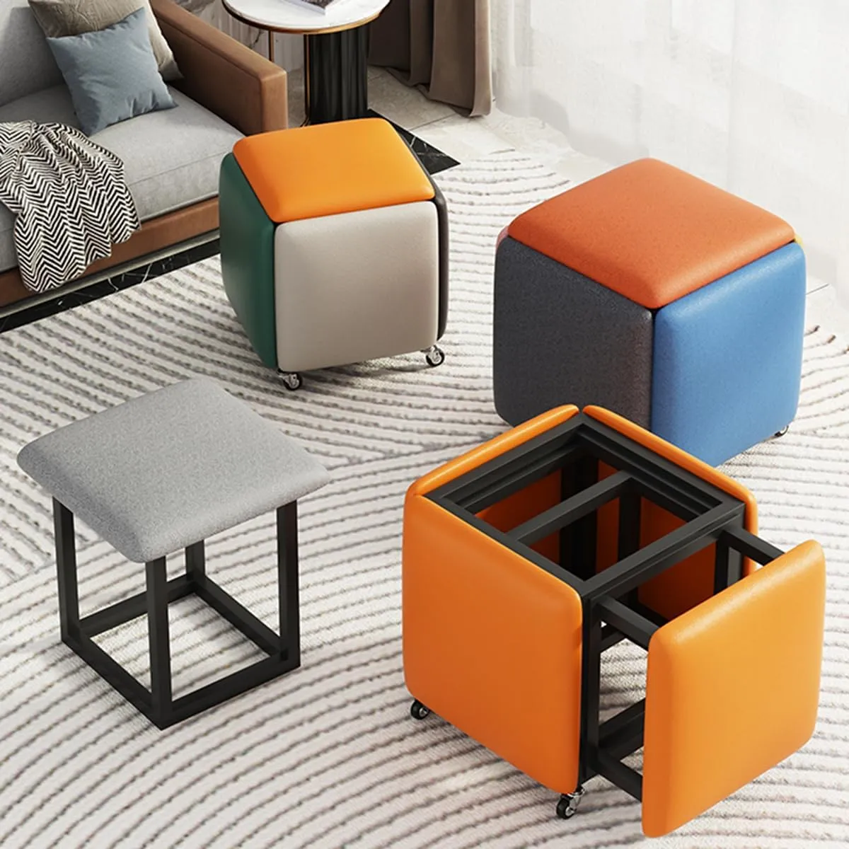 5 in 1 Nesting Ottoman Cube Chair, Stackable Sofa Chair Stool Nesting Ottoman Stool with Wheels, Space-Saving Metal Frame Foot Rest for Living Room, Dining Room, Bedroom, Small Spaces