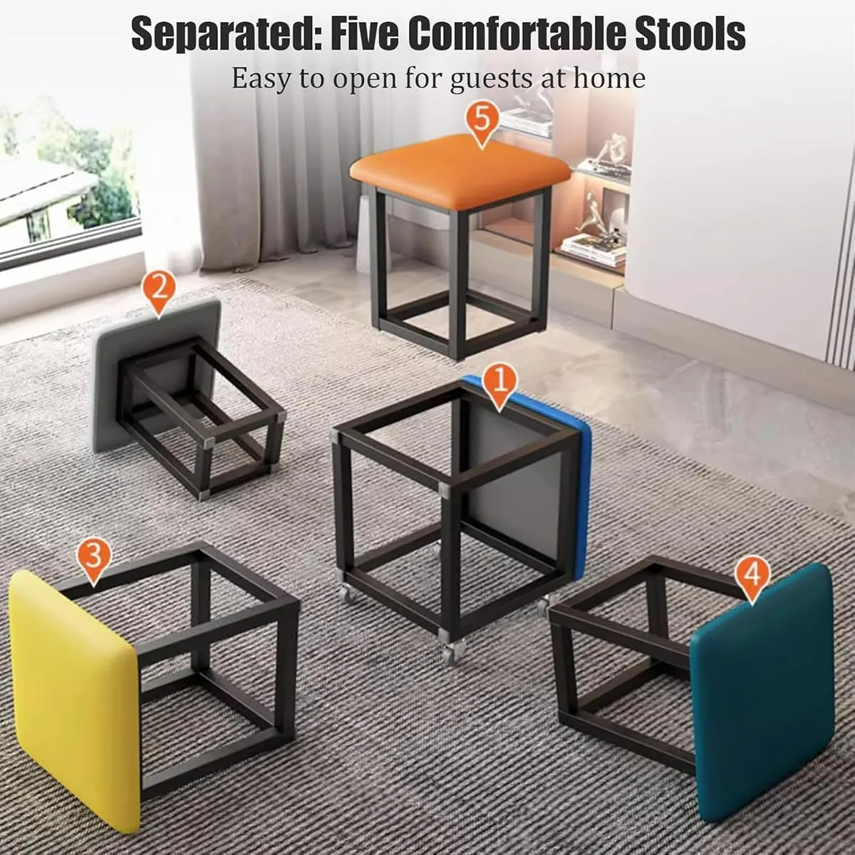 5 in 1 Nesting Ottoman Cube Chair, Stackable Sofa Chair Stool Nesting Ottoman Stool with Wheels, Space-Saving Metal Frame Foot Rest for Living Room, Dining Room, Bedroom, Small Spaces