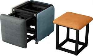 5 in 1 Nesting Ottoman Cube Chair, Stackable Sofa Chair Stool Nesting Ottoman Stool with Wheels, Space-Saving Metal Frame Foot Rest for Living Room, Dining Room, Bedroom, Small Spaces