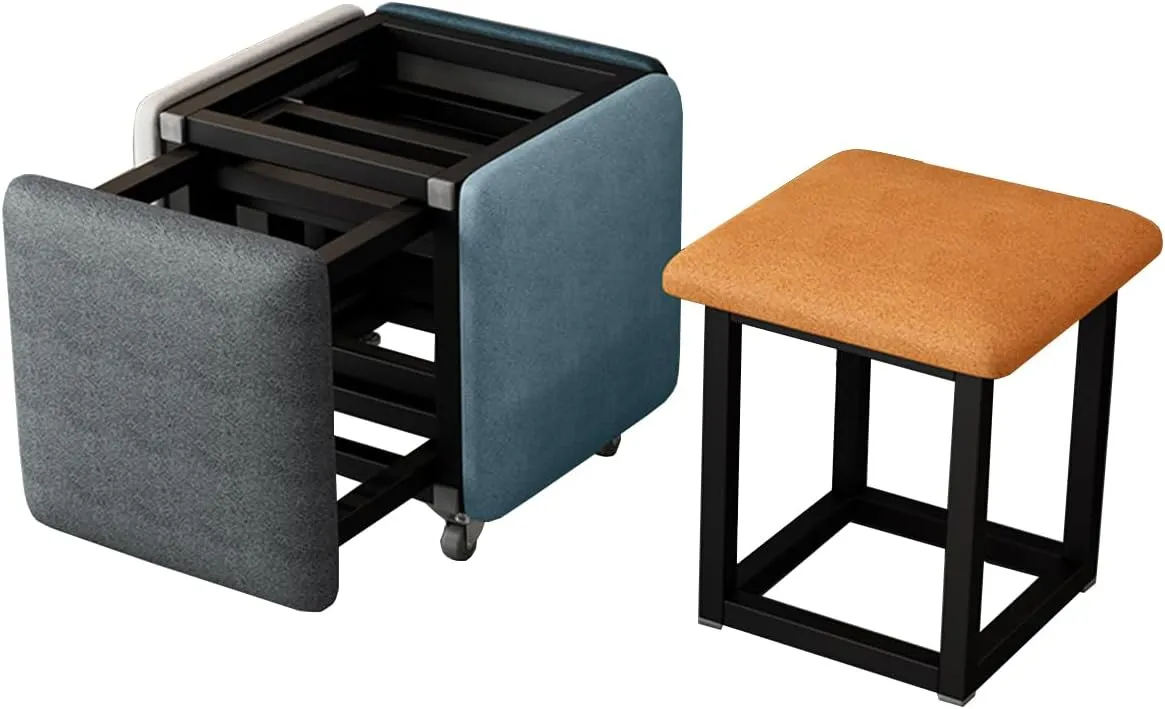 5 in 1 Nesting Ottoman Cube Chair, Stackable Sofa Chair Stool Nesting Ottoman Stool with Wheels, Space-Saving Metal Frame Foot Rest for Living Room, Dining Room, Bedroom, Small Spaces