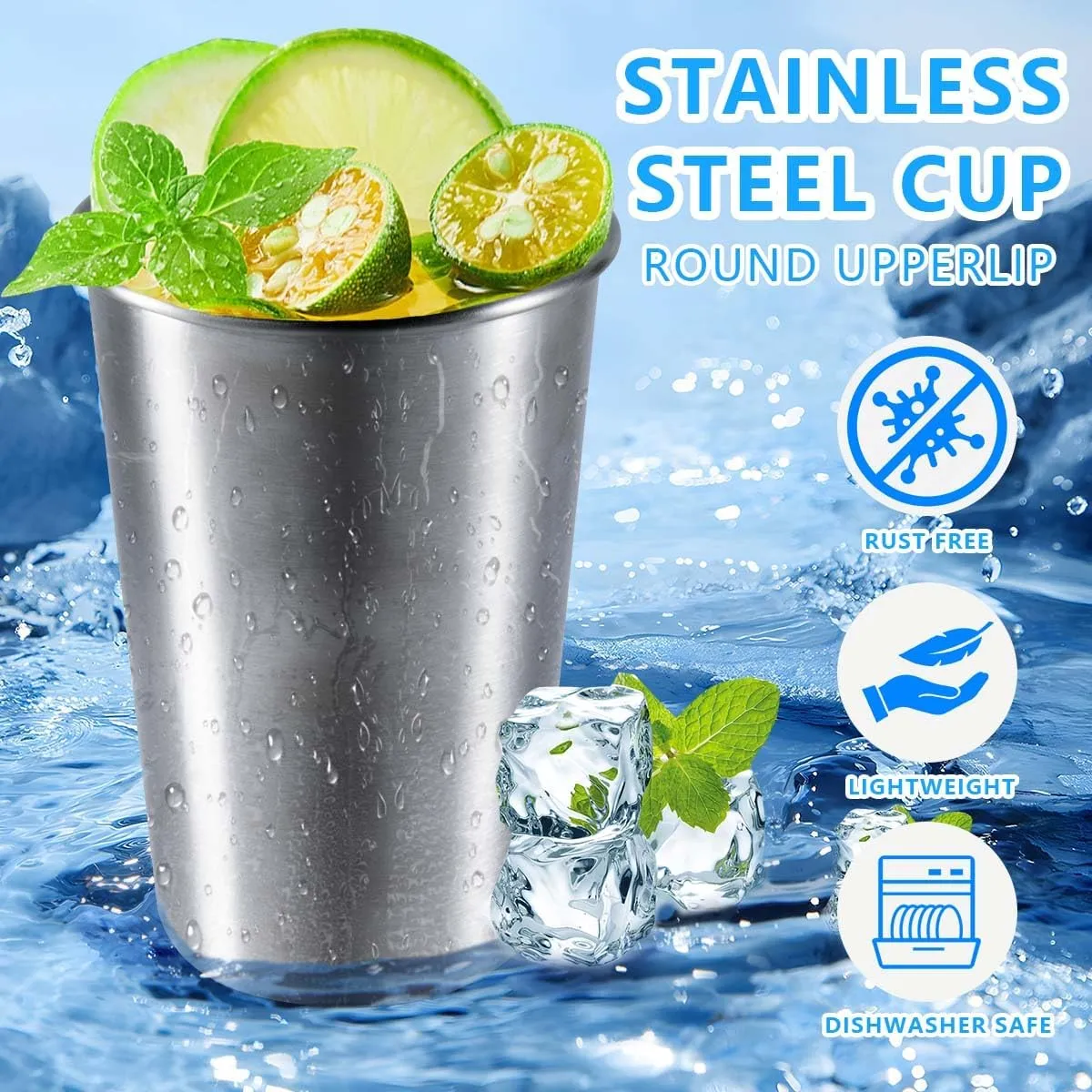 5 Pack 16 Ounce Stainless Steel Pint Cups Shatterproof Cup Tumblers Unbreakable Metal Drinking Glasses for Bar, Home, Restaurant